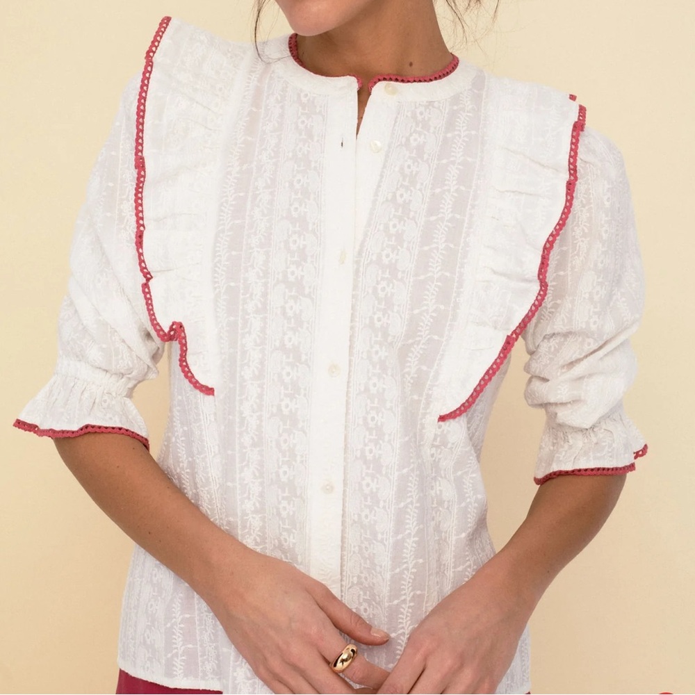 Sonmer JO BLOUSE WHITE White and pink Women's Blouse eyelet New $150